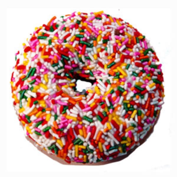 A Joe Donut with white frosting and colorful sprinkles on a white background.