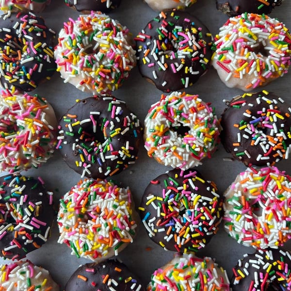 Rows of Joe Donut's chocolate and vanilla sprinkle donuts, showcasing colorful toppings.