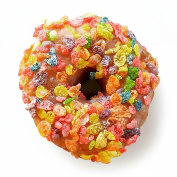 Joe Donut's colorful donut, glazed and topped with vibrant, fruity cereal pieces on a white background.