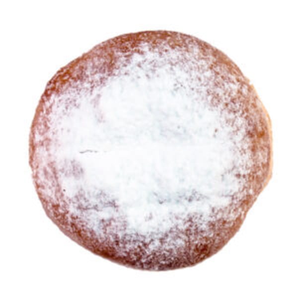 A Joe Donut powdered sugar donut, round and golden brown, on a white background.