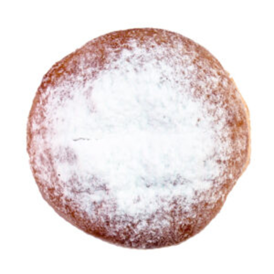A Joe Donut powdered sugar donut, round and golden brown, on a white background.