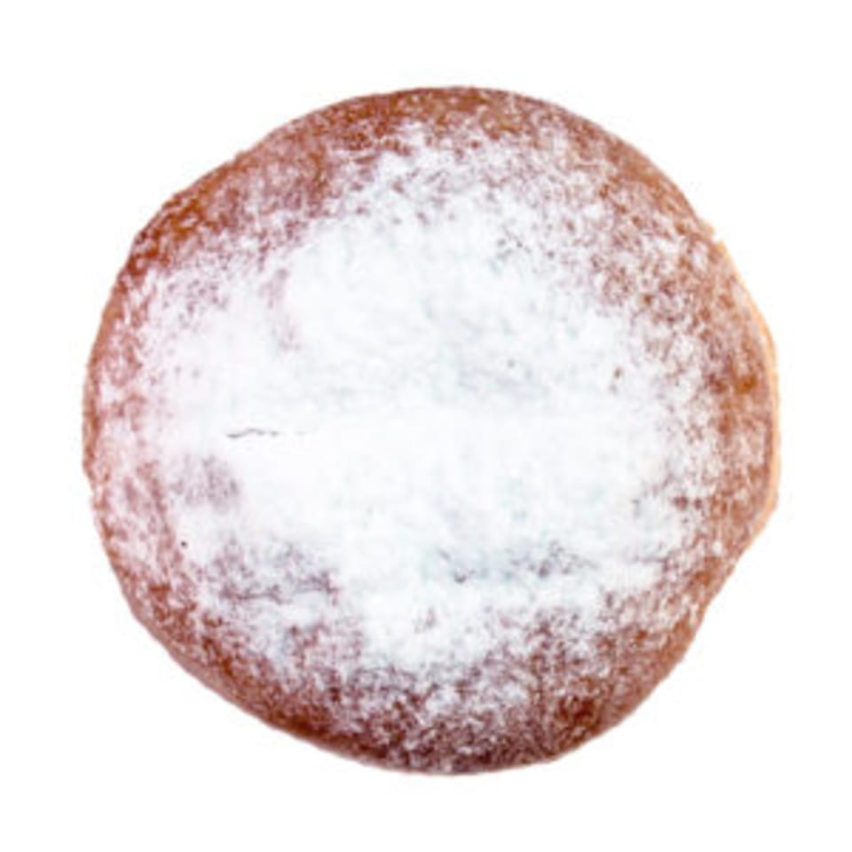 A Joe Donut powdered sugar donut, round and golden brown, on a white background.